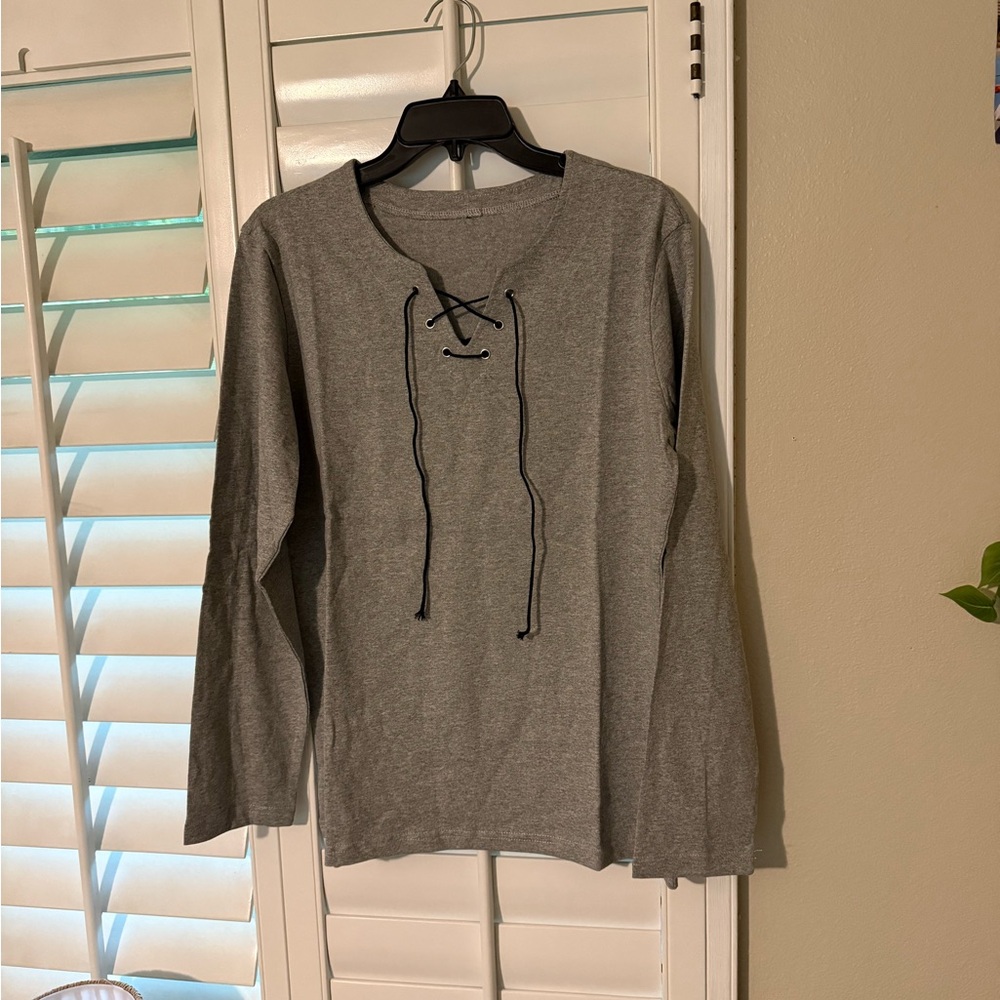 Heather gray long sleeve cotton shirt with black lace up tie new no tags.